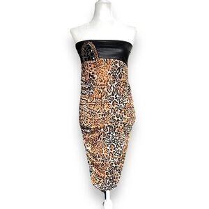 Venus Vntg Y2k Leopard Print Tube Dress Sz S Ruched Jewel Embellishment